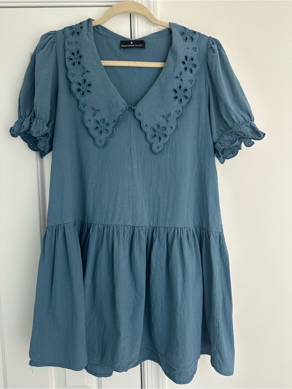 Tuckernuck Pomander Place Dusty Blue Eyelet Collar Mini Dress  XS EUC